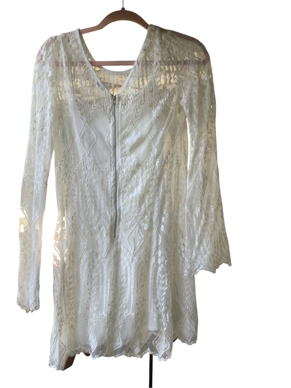 Ecole White Embroidered Lace Dress Attached Slip Boho Size Medium - Picture 3 of 11